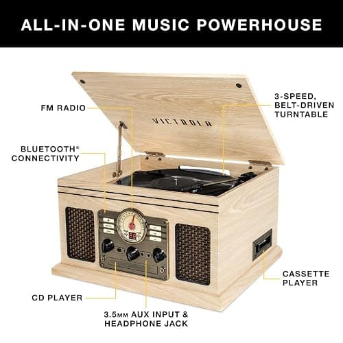 Victrola The Quincy 6-in-1 Bluetooth Record Player & Multimedia Center with Built-in Speakers – 3-Speed Turntable, CD & Cassette Player, AM/FM Radio, Wireless Music Streaming (Mahogony) thumbnail 2