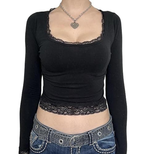 Women Y2k Retro Long Sleeve Shirt Top Slim Fit Lace Trim T-Shirt Harajuku Fairy Aesthetic Tee Tops Streetwear - Image 1