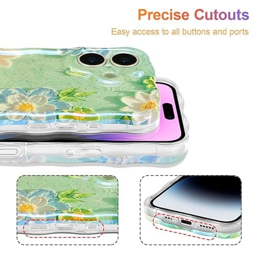 EYZUTAK Case for iPhone 17, Colorful Retro Oil Painting Flower Laser Glossy Pattern Cute Curly Wave Edge Exquisite Phone Cover Stylish Durable TPU Protective Case for Girl Women - Blue White thumbnail 5