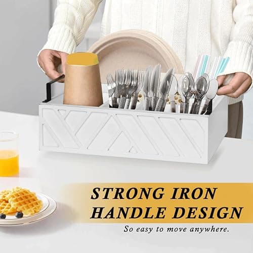 Ihdāt Paper Plate Dispenser, Paper Plate Holder for Kitchen Counter, Wood Rustic Silverware Utensil Caddy, Flatware Organizer with 6 Compartments- Plate Caddy for Picnic and Kitchen (White) thumbnail 7