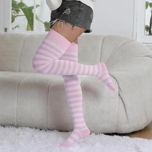Moon Wood Womens Thigh High Socks Striped Knee High Socks Extra Long Cotton Knit Over the Knee Socks for Halloween thumbnail 3