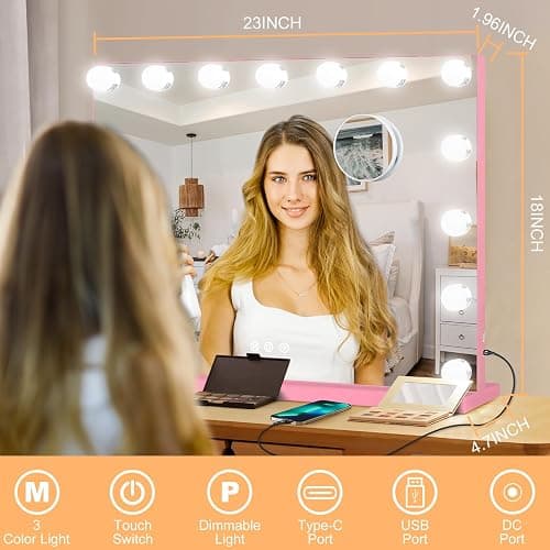 Moonee Vanity Mirror with Lights, Pink Hollywood Lighted Makeup Mirror with 15 Dimmable Bulbs and 10X Magnification, 3 Colors Modes, Aluminum Metal Frame, Light Up Mirror for Tabletop/Wall（23" x 18"） thumbnail 2