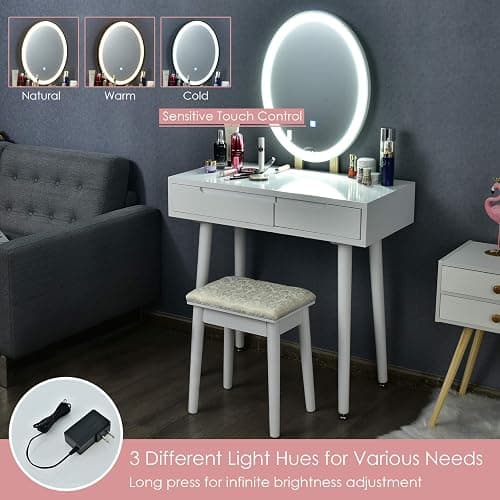 CHARMAID Vanity Set with Lighted Mirror, 3 Modes Adjustable Brightness Mirror, Makeup Dressing Table with Cushioned Stool, 2 Sliding Drawers with Divider, Modern Bedroom Vanity for Girls Women (White) thumbnail 4