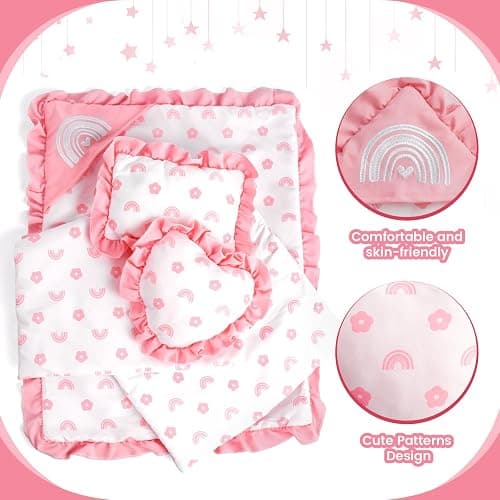 BABESIDE 4 Pcs Baby Doll Blankets Set for 17-22 Inch Baby Dolls | Pink Flower & Rainbow Patterns Reborn Baby Doll Accessories Dolls Blankets with Pillows fits Baby Doll Bed Accessories thumbnail 4