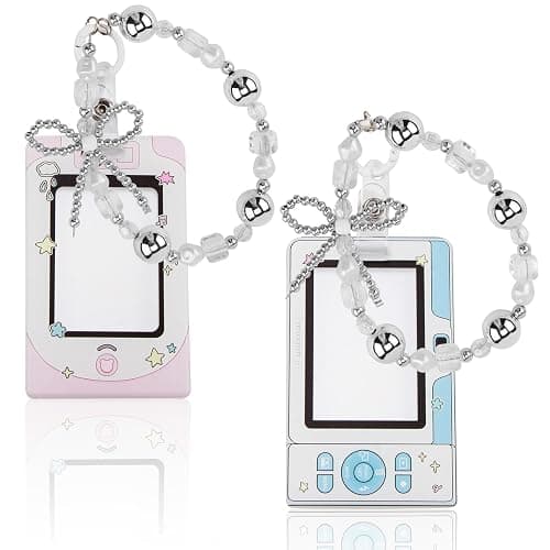2Pcs Kpop Photocard Holder, 3.5Inch Cute Camera Style Photocard Holder Keychain for Kpop Lovers Girls, Waterproof Cartoon ID Badge Holder for Fan Idol Photo Bus Credit Card with Pearl Bow Bracelet - Image 1