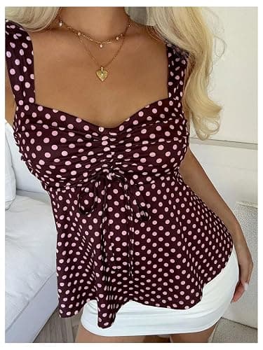 SOLY HUX Women's Babydoll Tops Summer Cute Polka Dots Tank Top | Sleeveless, Ruched, Drawstring, Peplum Tops, Cute Summer Tops for Teens thumbnail 5