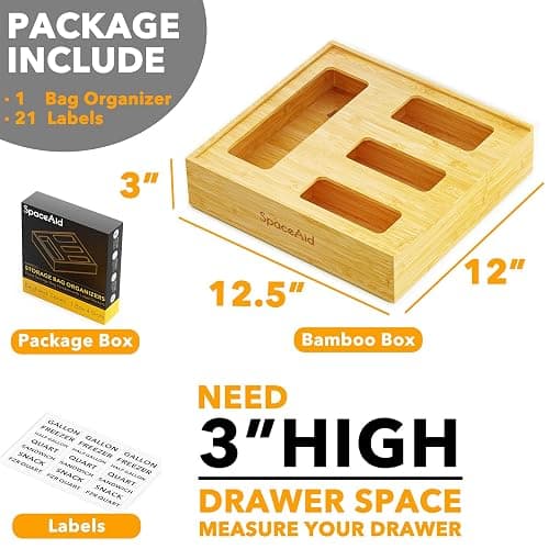SpaceAid Bag Storage Organizer for Kitchen Drawer, Bamboo Organizer, Compatible with Gallon, Quart, Sandwich and Snack Variety Size Bag (1 Box 4 Slots) thumbnail 5
