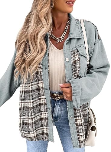 SHEWIN Womens Oversized Denim Jacket Casual Long Sleeve Button Down Plaid Shacket Boyfriend Jean Jacket With Pockets thumbnail 7