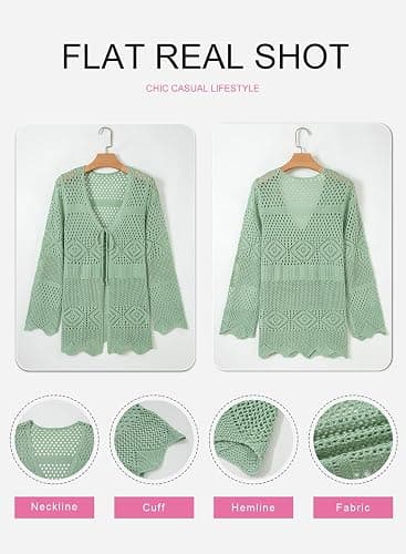 SHEWIN Crochet Cardigans for Women Long Sleeve Tie Front Bow Cardigan Sweaters Hollow Out Knit Summer Beach Vacation Coverups thumbnail 9