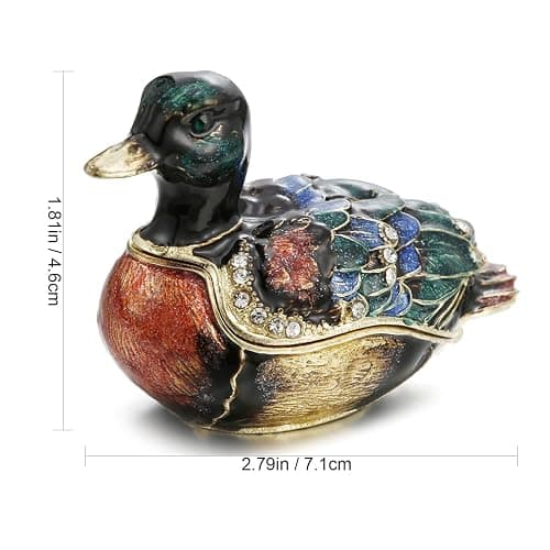Hand Painted Enamel Duck Trinket Box for Home Decor, Hinged Jewelry Organizer for Ring Earrings, Unique Figurine Keepsake Collectible Personalized Elegant Handmade Ornament Gifts (Green Duck) thumbnail 2