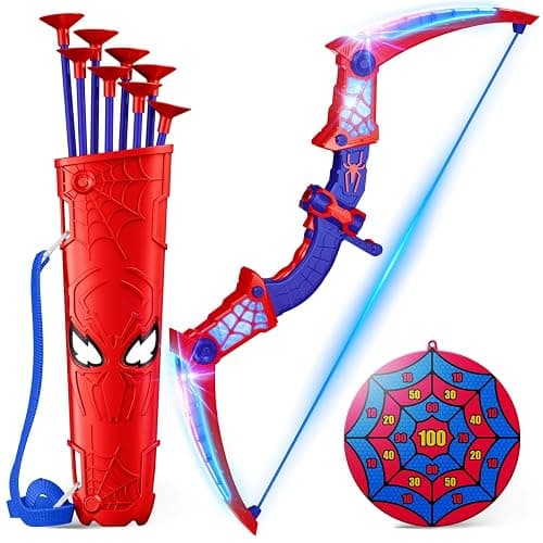 Spider Toys for Boys Age 3-4 4-6 6-8 8-12, Kids Toy BowArrow Shooting Set with Red & Blue LED Lights, Spider Quiver & Web Target, 8 Suction Cup Arrows, Toys Gifts for 3 4 5 6 7 8 9 10 12 Year Old Boys - Image 1
