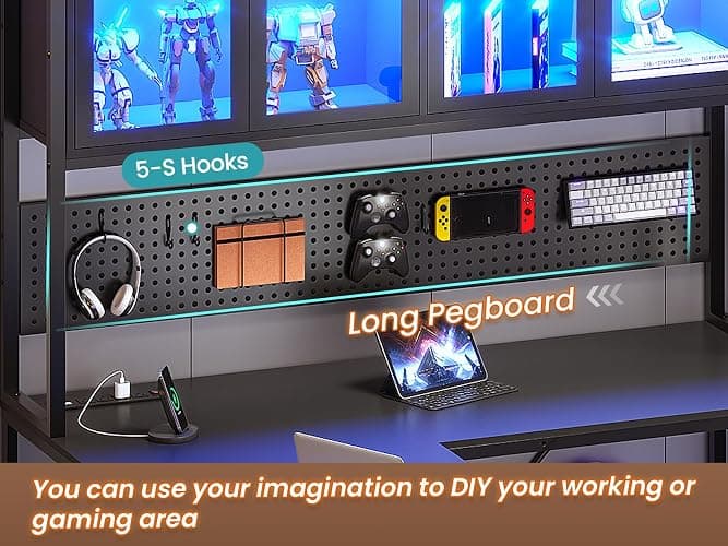 SEDETA L Shaped Gaming Desk with Drawers, L Shaped Computer Desk with Hutch and Storage Shelves, Gaming Desk with Pegboard, Led Lights, and Power Outlet, Home Office Desk, Corner Desk, Black thumbnail 6