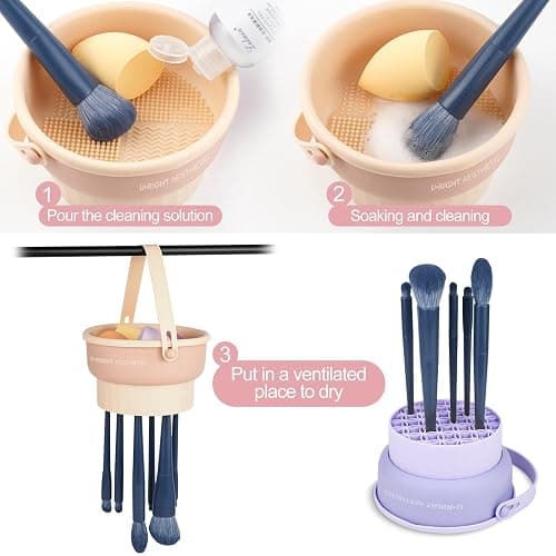 Ranphykx Makeup Brush Cleaner Mat 3 in 1 Silicone Makeup Brush Cleaner Bowl Cosmetic Brushes Cleaning Tool Makeup Cleaner for Brushes (KHAKI) thumbnail 2