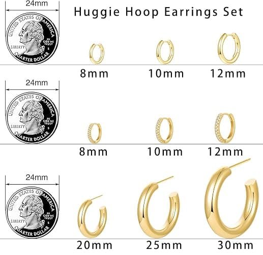 Cuicanstar 9 Pairs Chunky Gold Plated Hoop Earrings Lightweight 14K Gold Plated Hoops Earrings Minimalist Artificial Cubic Zirconia Huggie Earrings Set for Women thumbnail 6