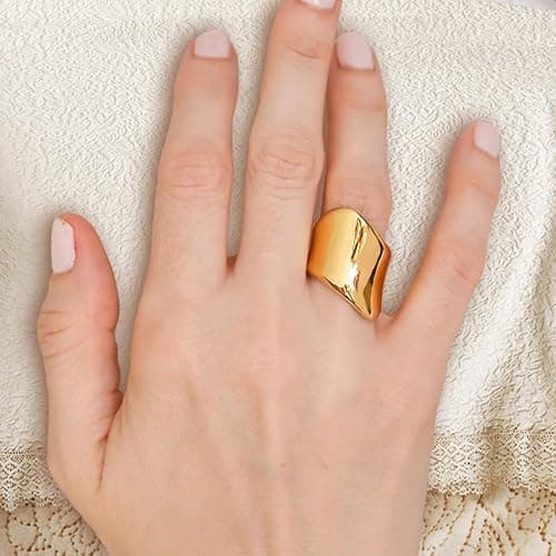 14K Gold Plated Chunky Statement Ring for Women | Stainless Steel Hypoallergenic Wide Stackable Rings thumbnail 4