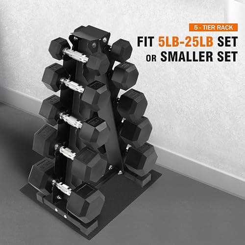Fitvids Fitvids Rubber Coated Hex Dumbbell Weight Set and Storage Rack, 100LB Set or 150LB Set, 5-20 lbs Pairs or 5-25 lbs Pairs thumbnail 6
