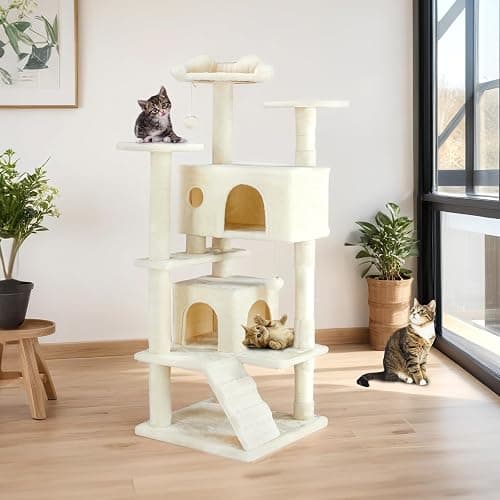 Sweetcrispy 54-inch Cat Tree Tower with Scratching Posts, Indoor Use | Multi-Level Indoor Cat Tree Condo with Climbing Ladder, Plush Toy, Play House for Kitten, Beige thumbnail 7
