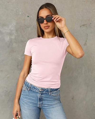 Abardsion Women's Casual Basic Going Out Crop Tops Slim Fit Short Sleeve Crew Neck Tight T Shirts 2026 thumbnail 2