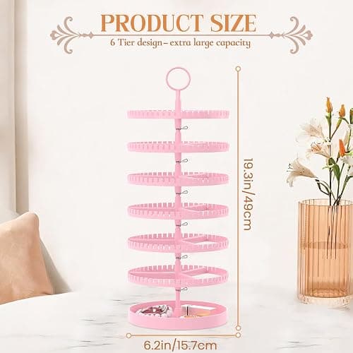 iDavosic.ly 6 Tier Rotating Earring Holder Organizer with Metal Tray, Adjustable Plastic Dangle Display Stands Tree with 342 Grooves, Large Hoop Storage Rack Tower, Pink thumbnail 3