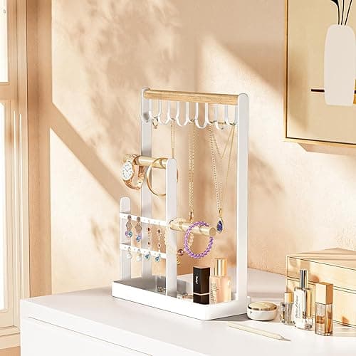 ProCase Jewelry Stand Holder Organizer, 4-Tier Necklace Holder with Ring Tray, 10 Hooks Necklaces Hanging Small Jewelry Display Storage Tower Tree for Bracelets Earrings Watches -Medium, White thumbnail 8
