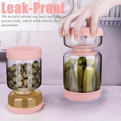 Homnoble Pickle and Olive Hourglass Jar with Strainer Flip for Juice Separator from Wet and Dry, Upgrade Food-grade ABS Lid and BPA Free Hourglass Pickle Jar for Airtight Food Storage, Pink thumbnail 5