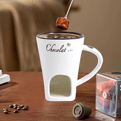 Chocolate Fondue Mug, Chocolate Melting Cup with Fork, Melting Chocolate Mug, Fondue Set for Office School Home, Cheese Fondue Sets, Sweet Fondue Cup for Valentine's Day Gift (White) thumbnail 5