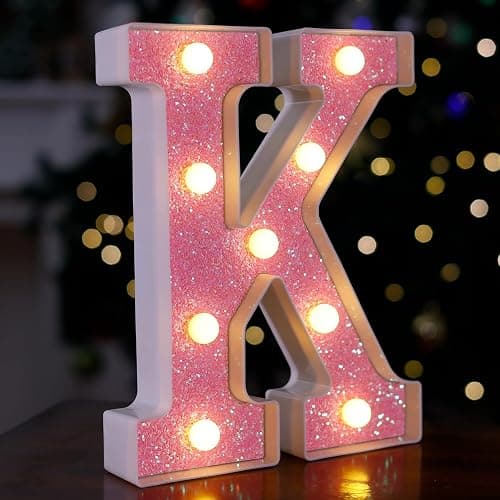 LED Letter Lights Pink Glitter Marquee Letters Light Up Alphabet Letters Sign Battery Powered for Home Party Decoration Night Bar Wedding Birthday Christmas Lamp Girls Gift - Letter K - Image 1