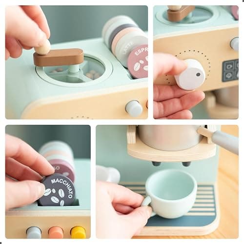UMU® Macchina da caffè in legno – Accessori da cucina – Gioco di ruolo – Servizio da caffè personalizzabile per bambini dai 3 anni in su thumbnail 5