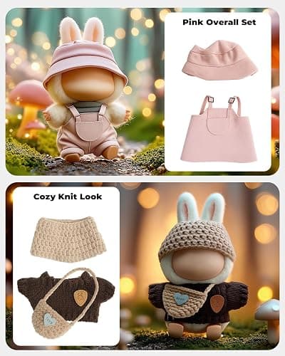 (4-Pack) 17cm Clothes Set, Black Plaid Outfit & Pink Plaid Dress Set with Bow Clip and Metallic Details, Cute Pink Clothing, Knitted Doll Clothes with Hat & Crossbody Bag for 17cm Doll thumbnail 2