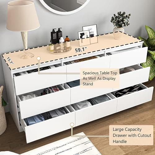 Vibe & Dine White Dresser 9 Drawer, Modern Long Dresser for Bedroom, Wood Chest of Drawers with Wide Storage for Living Room thumbnail 5
