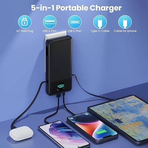 Portable Charger 33800mAh USB C Power Bank with Built-in Cables & AC Wall Plug,25W Fast Charging+QC 4.0 Phone Charger,4 Output Travel Essentials Battery Pack for iPhone16/15/14/13,Samsung,Android etc thumbnail 3