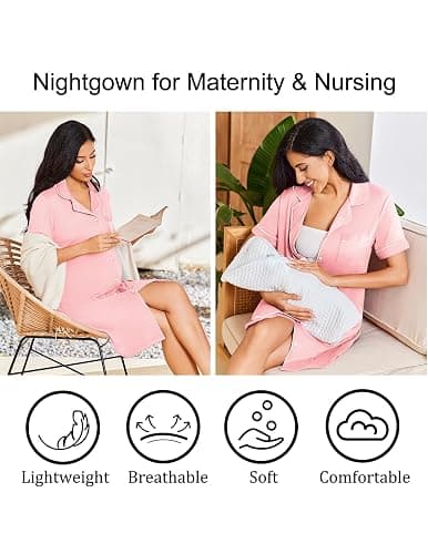 Ekouaer Nightgowns for Women Bamboo Viscose Sleep Shirts Button Down Night Shirt Short Sleeve Boyfriend Pajama Dress thumbnail 5