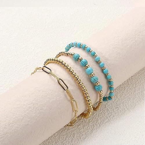 EQUBIO Gold Bracelets for Women Non Tarnish Waterproof | Dainty stackable beaded designs with mixed bead sizes and decorative accents for everyday layering, casual wear and gifting thumbnail 7