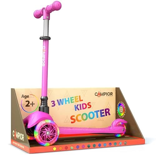 Campior Pink Mini 3 Wheel Scooter for Kids – Lean-to-Steer with LED Light-Up Wheels, Adjustable Handlebar, Wide Anti-Slip Deck, Smooth PU Wheels, Rear Foot Brake – Toddler Scooter for Ages 2+ - Pink - Image 1