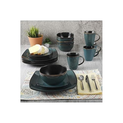 Gibson Elite Soho Lounge 16 Piece Reactive Glaze Dinnerware Set, Soft Square, Teal Green, Service for 4 (16pc) thumbnail 6