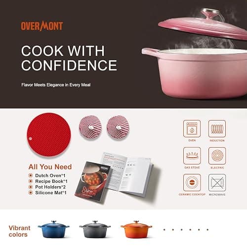 Overmont Enameled Cast Iron Dutch Oven - 5.5QT Pot with Lid Cookbook, Pink | Heavy-Duty Cookware with Cotton Potholders, Enclosed Lid-Knob Design, Oven Safe for Sourdough Baking Braising Stews Roasting thumbnail 7