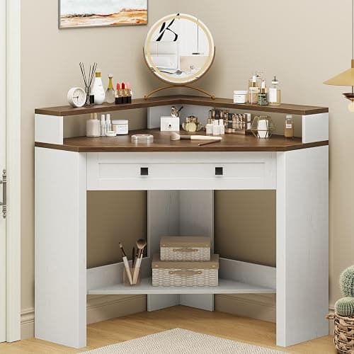 Corner Desk, Triangle Computer Desk Home Office Workstation with Drawer and Monitor Stand for Small Spaces Farmhouse Corner Vanity Table for Bedroom Study, Living Room (Rustic White and Brown) - Image 1