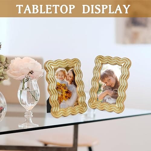 DECOCIAGA 5x7 Picture Frame, Display Pictures 5x7 with Mat, Wavy Edge Wood Photo Frame for Tabletop and Wall Hanging, with Clear Plexiglass for Vertical or Horizontal Display, Gold, 1 Pack thumbnail 3