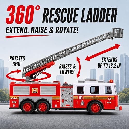 Liberty Imports RC Fire Truck - Big Remote Control Toy Fire Truck - 14" Rescue Fire Engine with Flashing Lights and Siren Sounds, Extendable Rescue Ladder for Kids thumbnail 3