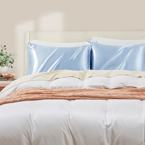 HommxJF Light Blue Satin Pillowcase Standard Set of 2 with Envelope Closure，Light Blue Silk Pillowcase for Hair and Skin (20x26) thumbnail 2