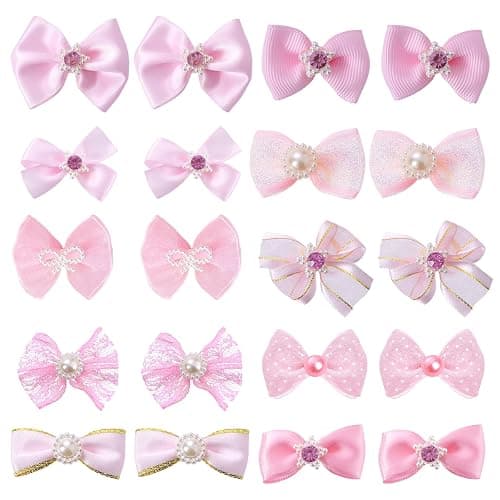 20 PCS Cute Dog Hair Bows with Rubber Bands Elastic Handmade Mix Style Lace Rhinestone Pearls for Furry Puppy Cat Pet Girl, Pink thumbnail 7
