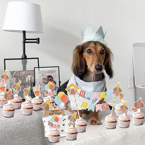 KARAQY Dachshund Dog Birthday Decorations - Wiener Dog Puppy Cupcake Toppers and Dog Lover Cake Bunting Topper Set thumbnail 5