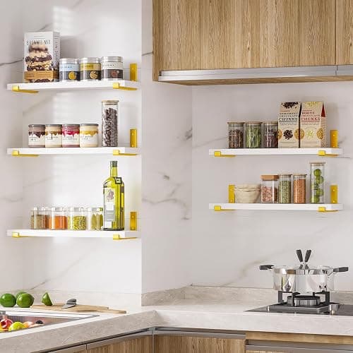 Fixwal Floating Shelves Set of 5, Width 4.7 Inches Wall Shelves, Rustic Wood Wall Storage Shelves for Bedroom, Living Room, Kitchen, Bathroom, Home Decor, Laundry Room, Office and Plants (White Gold) thumbnail 7