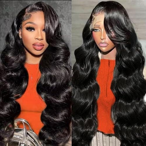 32 Inch 13x6 Body Wave Lace Front Wigs Human Hair 200 Density HD Lace Front Wigs Human Hair Pre Plucked Brazilian Virgin Wigs Human Hair for Women Glueless Lace Frontal Wig Natural Black Body Wave Wig - Image 1