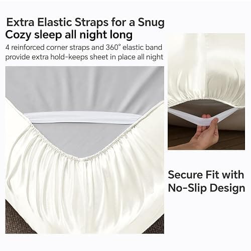 BEDELITE Satin Fitted Sheet Queen Size with Elastic Corner Straps, Ivory | Luxury Soft Silk-Like 1 15 Inch Deep Pocket Fitted Sheet Only, Soft and Cooling, Reduces Friction, Gentle on Hair and Skin thumbnail 3