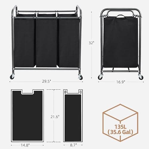 STORAGE MANIAC 3 Section Laundry Sorter, 35.9 Gal (136 L) Laundry Hamper Cart with Heavy Duty Rolling Lockable Wheels and Removable Bags, Clothes Organizer Basket Clothes Separator Hamper, Black thumbnail 3