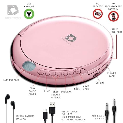 Deluxe Products CD Player Portable with 60 Second Anti Skip, Stereo Earbuds, Includes Aux in Cable and AC USB Power Cable for use at Home or in Car. Pink thumbnail 7