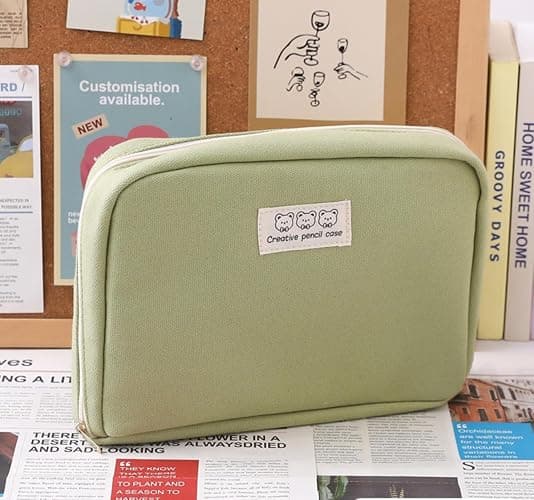 Fcteap Pencil Case Pouch Box Cute Kawaii Large Capacity Aesthetic Zipper Pen Holder Organizer Bag for Office Workspace Supplies Desk Accessories Travel (Green) thumbnail 2