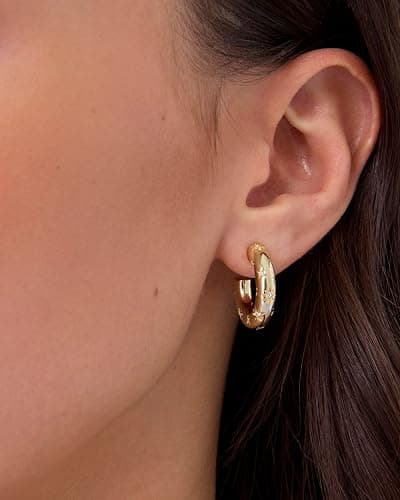 PAVOI 14K Gold Plated Star Shine Hoop Earrings for Women | Cubic Zirconia Celestial Chunky Hoops Earrings thumbnail 2