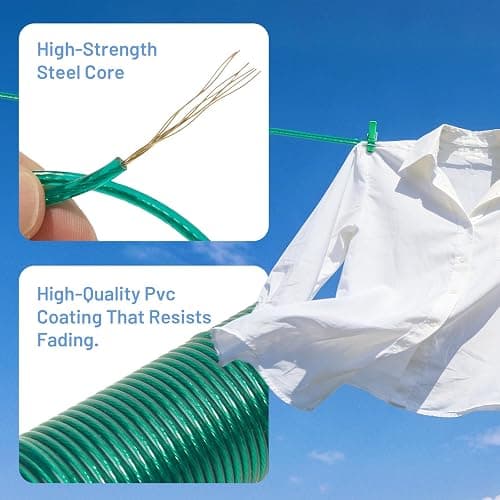 RIOOP Plastic Coated Clothesline 3.5mm 164ft Steel Core Washing Line, Green | 411LB Strength Heavy Duty Rust-Proof and Waterproof for Drying Laundry Clothes, Outside Hanging, Outdoor Ropes thumbnail 5